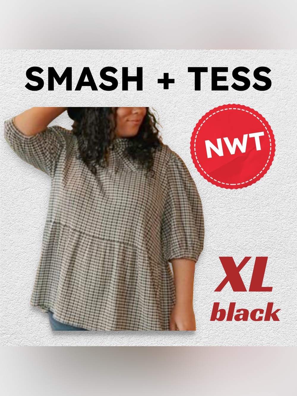 🇨🇦🆕NWT SMASH+TESS | XL | Black Gingham & peplum Valentina Puff Sleeves Top